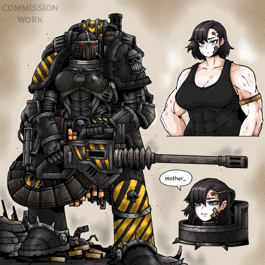 1girl, abs, armor, biceps, black_tank_top, blue_eyes, brown_hair, commission, genderswap, genderswap_(mtf), heavy_bolter, highres, iron_warriors, mechanical_parts, multiple_views, muscular, muscular_female, octosoup, power_armor, shell_casing, solo, space_marine, tank_top, warhammer_40k