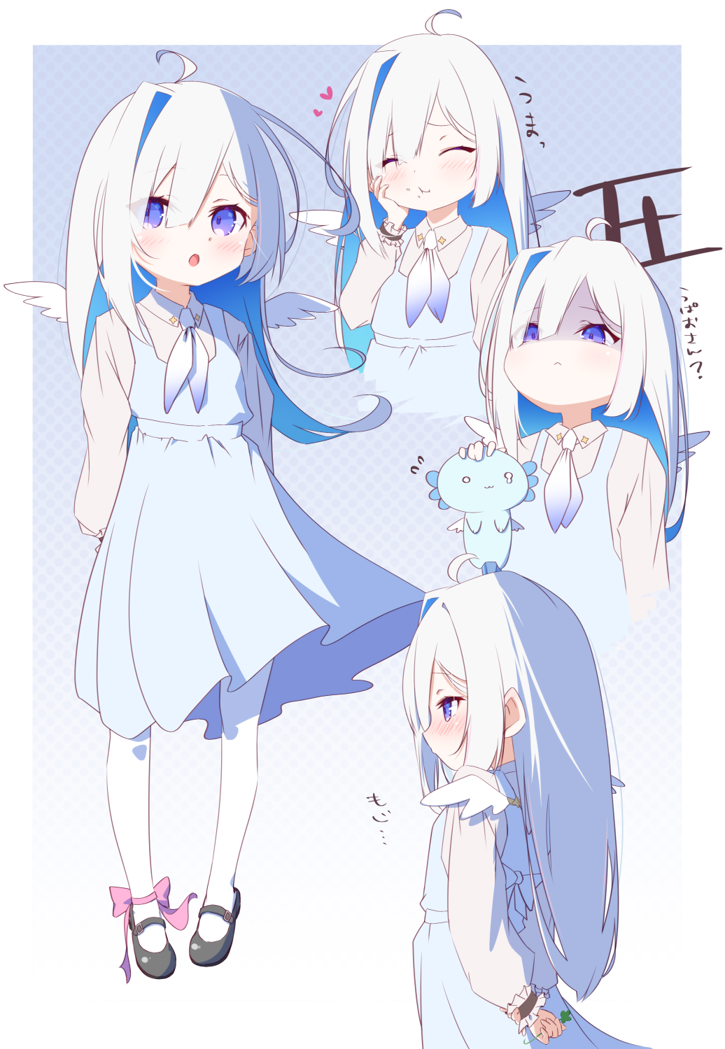 1girl, aged_down, alternate_hairstyle, amane_kanata, animal_on_head, blue_dress, blue_eyes, blue_hair