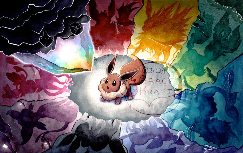 brown_fur, commentary, crystal, different_shadow, eevee, english_commentary, espeon, evolutionary_line