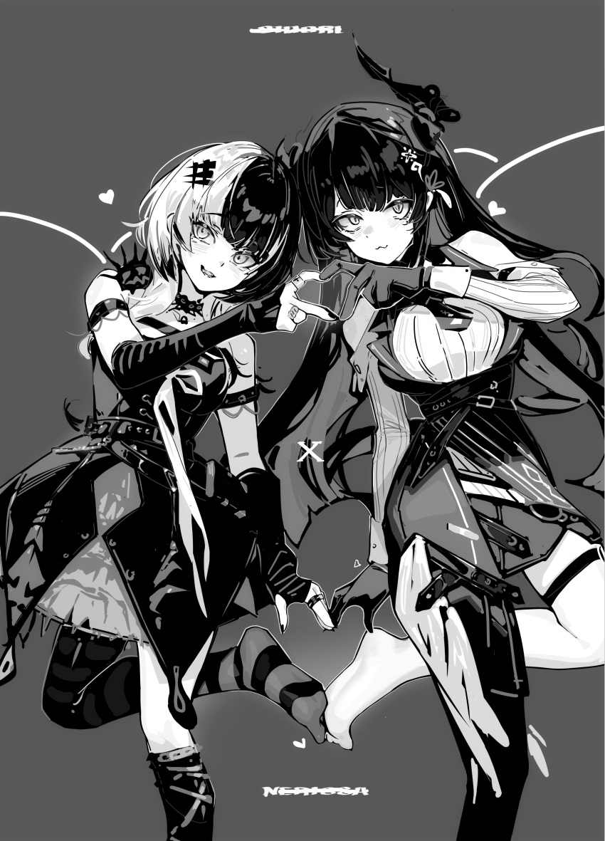 2girls, :3, absurdres, arm_strap, arm_warmers, asymmetrical_horns, barefoot, belt