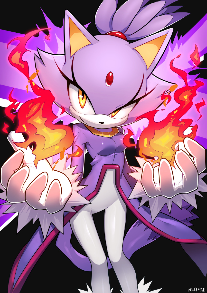 1girl, absurdres, animal_ears, artist_name, blaze_the_cat, cat_ears, cat_girl, cat_tail, fire, forehead_jewel, fur-trimmed_gloves, fur_trim, furry, furry_female, gloves, gold_necklace, highres, jacket, jewelry, kellymae, looking_at_viewer, necklace, pants, ponytail, purple_jacket, smile, sonic_(series), tail, white_gloves, white_pants, yellow_eyes