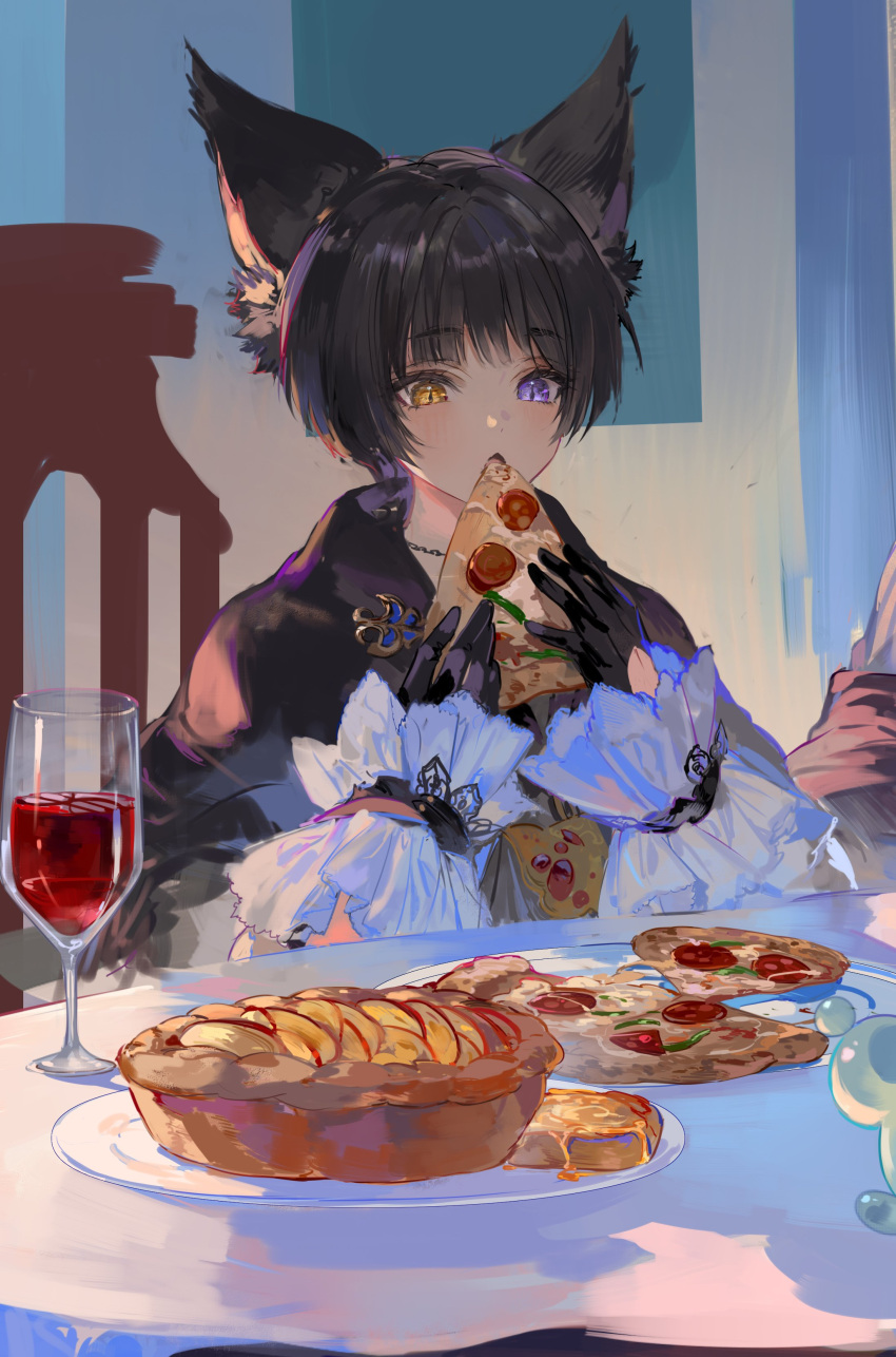 1girl, absurdres, alcohol, animal_ear_fluff, animal_ears, apple_tart, black_gloves, black_hair