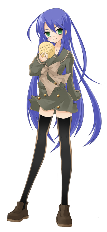 blush, bow, bread, cosplay, food, izumi_konata, long_hair, lucky_star
