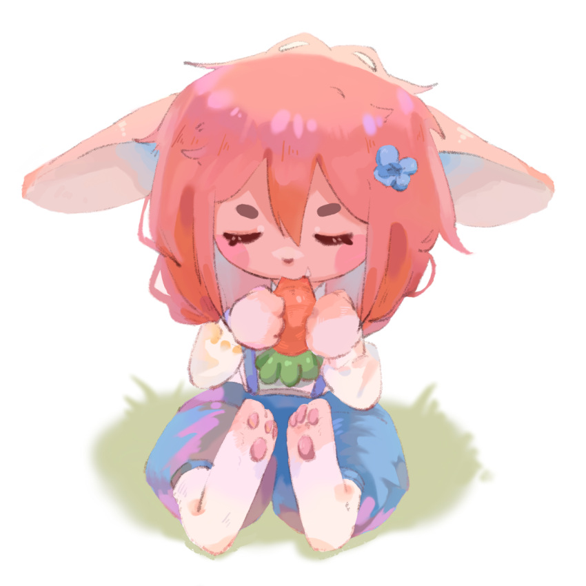 1boy, androgynous, animal_ears, animal_feet, blue_overalls, blush_stickers, carrot, chibi
