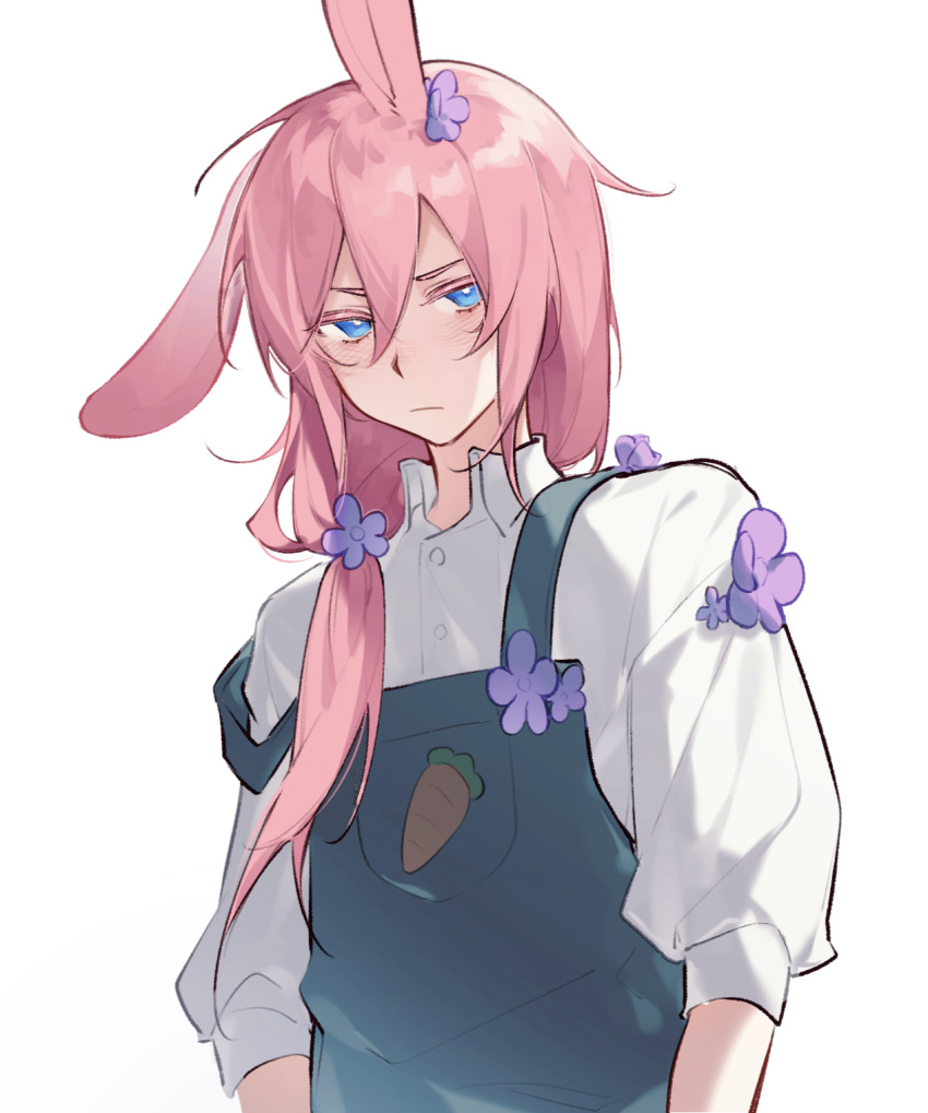 1boy, androgynous, animal_ears, blue_eyes, blue_overalls, blush, carrot, chinese_commentary