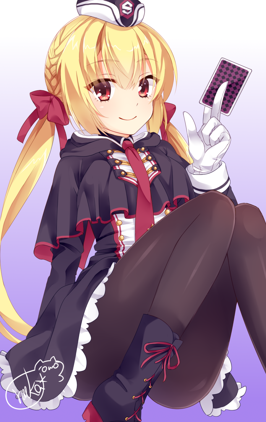 1girl, arihara_nanami, arm_at_side, black_capelet, black_dress, black_footwear, black_hat, black_pantyhose