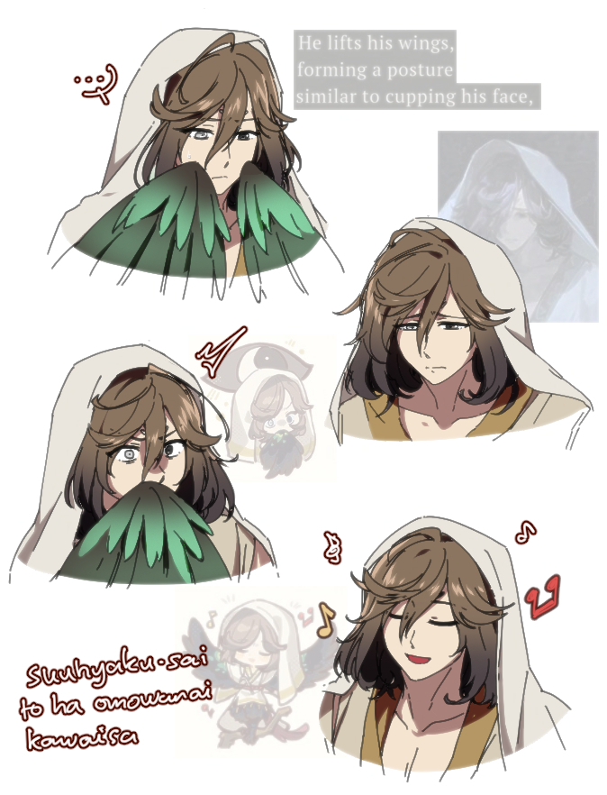 ..., 1boy, bird_wings, black_eyes, brown_hair, chibi, chibi_inset, closed_eyes, closed_mouth, commentary_request, constricted_pupils, covering_own_mouth, feathered_wings, flinch, getian_(reverse:1999), gradient_hair, green_wings, grey_eyes, hand_over_own_mouth, hands_up, harpy_boy, heterochromia, hnt_(1177tr1999), male_focus, monster_boy, multicolored_hair, multiple_views, music, musical_note, open_mouth, portrait, reference_inset, reverse:1999, romaji_text, short_hair, singing, spoken_ellipsis, translation_request, veil, white_background, winged_arms, wings