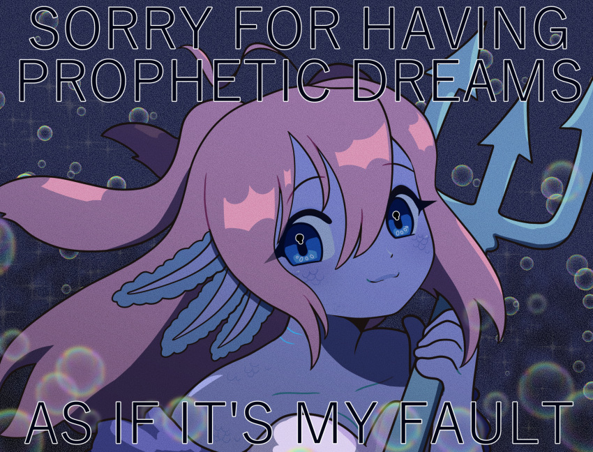 1girl, :3, animification, as_if_it's_my_fault_(meme), axolotl_ears, axolotl_girl, blue_eyes, bubble, colored_skin, commentary, empires_smp, english_commentary, gills, highres, holding_trident, ldshadowlady, ldshadowlady_(ocean_queen), long_hair, looking_at_viewer, loukiw, meme, minecraft_youtube, monster_girl, pink_hair, purple_skin, sidelocks, smile, solo, sparkle, underwater