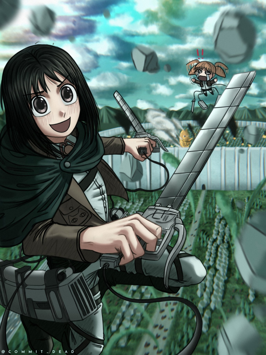 !, !!, 2girls, alternate_size, azumanga_daioh, black_hair, brown_eyes, capelet