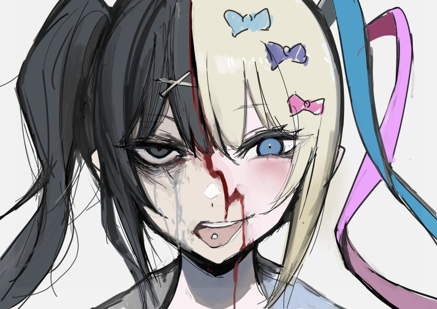 1girl, absurdres, ame-chan_(needy_girl_overdose), black_hair, blonde_hair, blood, blood_on_face, blue_eyes