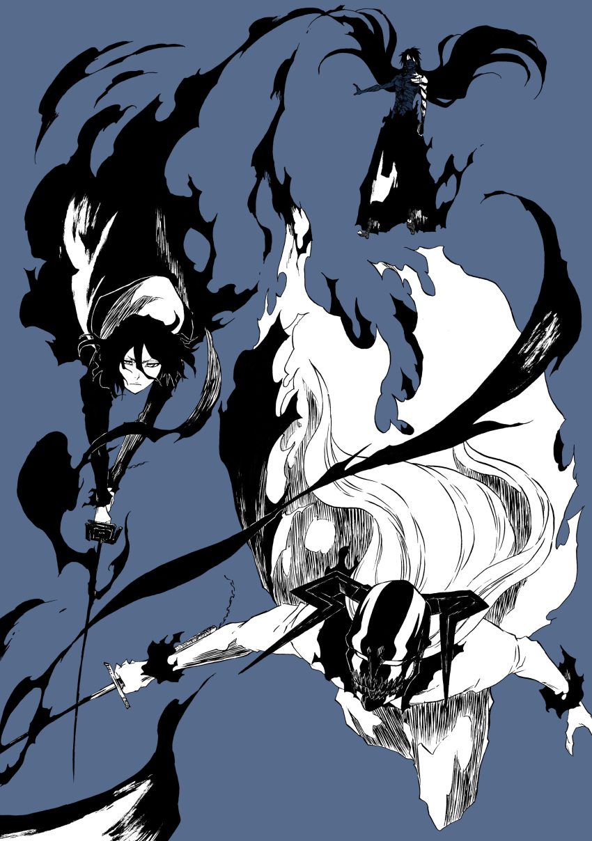 3boys, absurdres, bandaged_arm, bandaged_chest, bandages, black_hair, black_jacket, bleach