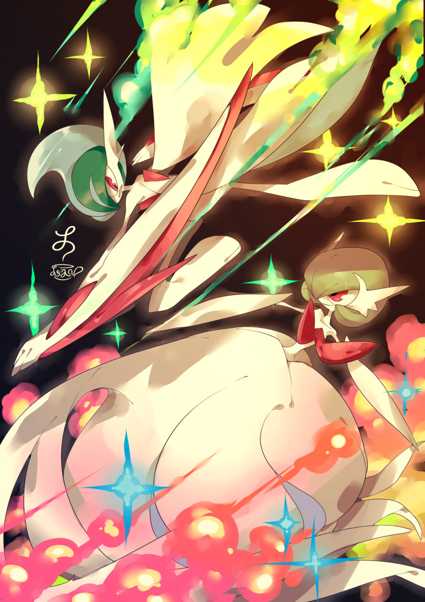 arm_blade, bob_cut, cape, colored_skin, dress, gallade, gardevoir, green_hair