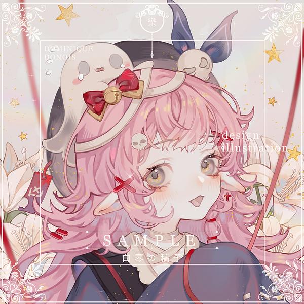 1girl, bai_qin, bell, beret, black_hat, black_sailor_collar, blue_bow, blue_dress, border, bow, commission, dress, eyelashes, flower, ghost, green_eyes, hair_bell, hair_bow, hair_ornament, hat, hat_bow, hat_ornament, light_blush, light_particles, lily_(flower), long_hair, long_sleeves, neck_ribbon, open_mouth, original, ornate_border, pink_hair, pointy_ears, red_bow, ribbon, sailor_collar, sample_watermark, skull_hair_ornament, skull_hat_ornament, sleeves_past_fingers, sleeves_past_wrists, smile, solo, star_(symbol), third-party_source, upper_body, watermark, white_flower, white_ribbon, x_hair_ornament