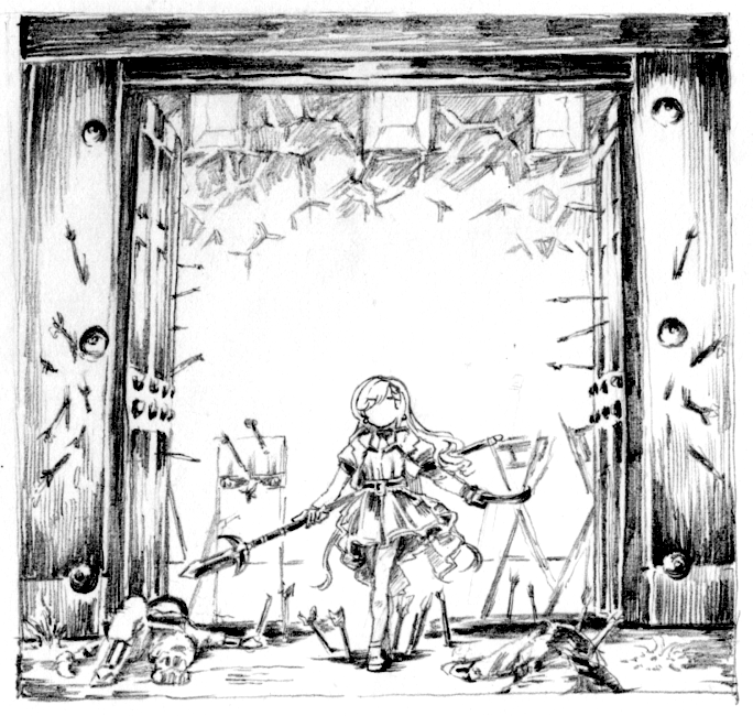 1girl, 2boys, architecture, armor, arrow_(projectile), asymmetrical_dual_wielding, corpse, crossed_legs, dress, east_asian_architecture, faceless, faceless_female, facing_viewer, gate, graphite_(medium), greyscale, hisakawa_hayate, holding, holding_polearm, holding_sword, holding_weapon, idolmaster, idolmaster_cinderella_girls, idolmaster_cinderella_girls_starlight_stage, japanese_clothes, juumonji_yari, katana, knee_up, long_hair, monochrome, multiple_boys, open_gate, outdoors, parody_request, polearm, short_dress, soldier, spear, standing, swept_bangs, sword, traditional_media, tv_nattou, watson_cross, weapon, wide_shot, yari