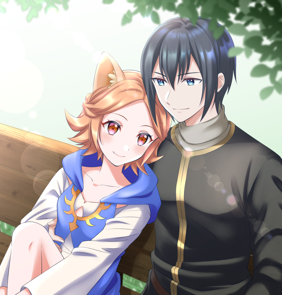1boy, 1girl, amaki_ren, animal_ears, black_hair, black_shirt, blue_eyes, blue_vest