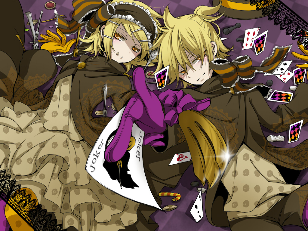 brother_and_sister, card, falling_card, gloves, hair_ornament, hair_ribbon, hairclip, halloween, holding, holding_card, inukai_(g_a), kagamine_len, kagamine_rin, lying_card, ribbon, short_hair, siblings, smile, twins, vocaloid, yellow_eyes