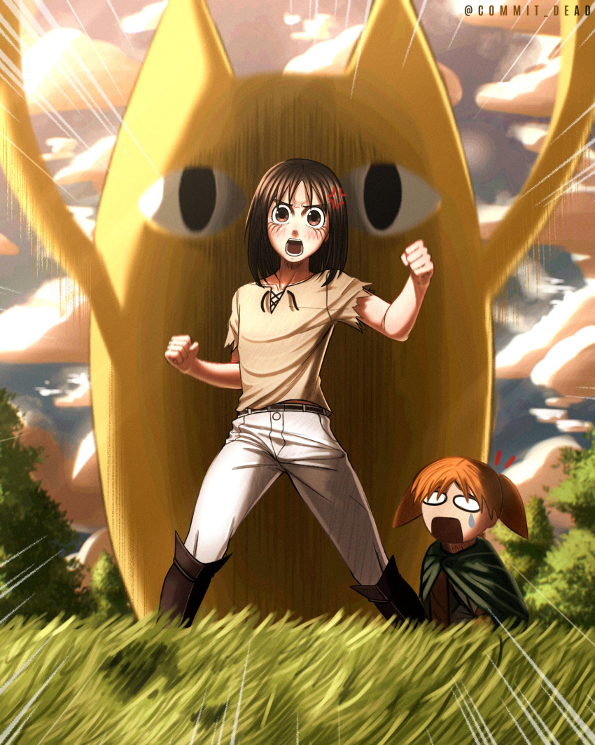 2girls, absurdres, alternate_costume, anger_vein, angry, azumanga_daioh, black_hair, brown_eyes
