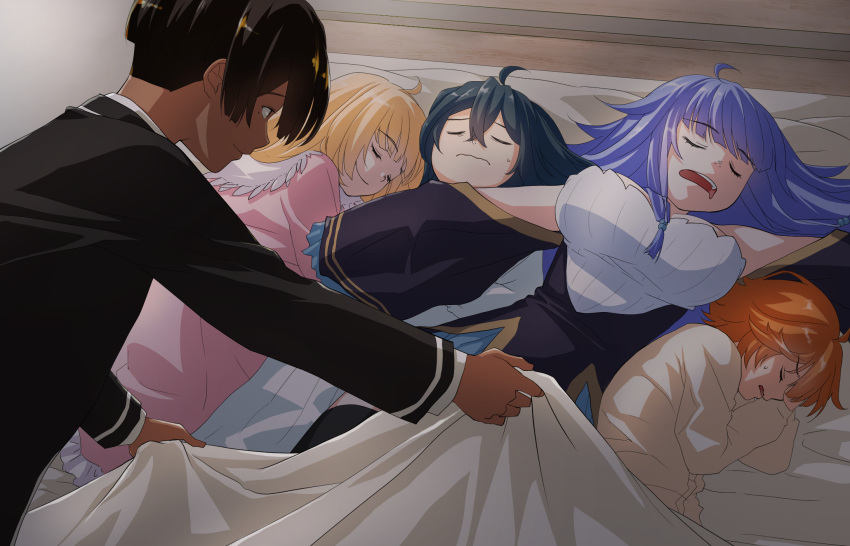 2girls, 3boys, ahoge, ars_louvent, black_hair, black_jacket, black_robe, blanket