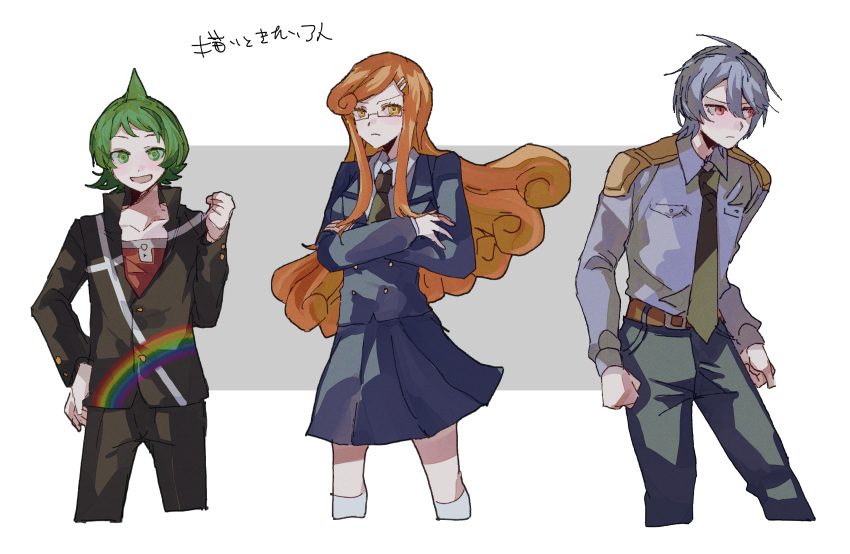 1girl, 2boys, absurdres, ahoge, belt, belt_buckle, black-framed_eyewear, black_jacket