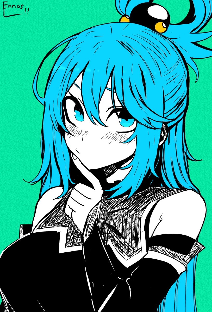 1girl, aqua_(konosuba), aqua_eyes, aqua_hair, black_dress, blue_eyes, blush, bow