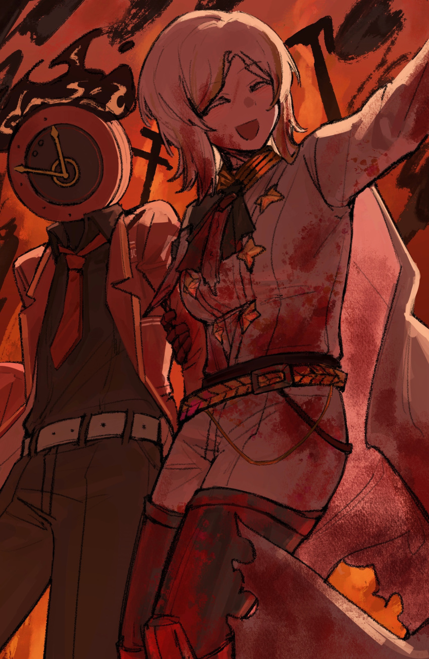 1girl, 1other, arm_up, ascot, belt, black_ascot, black_fire, black_pants
