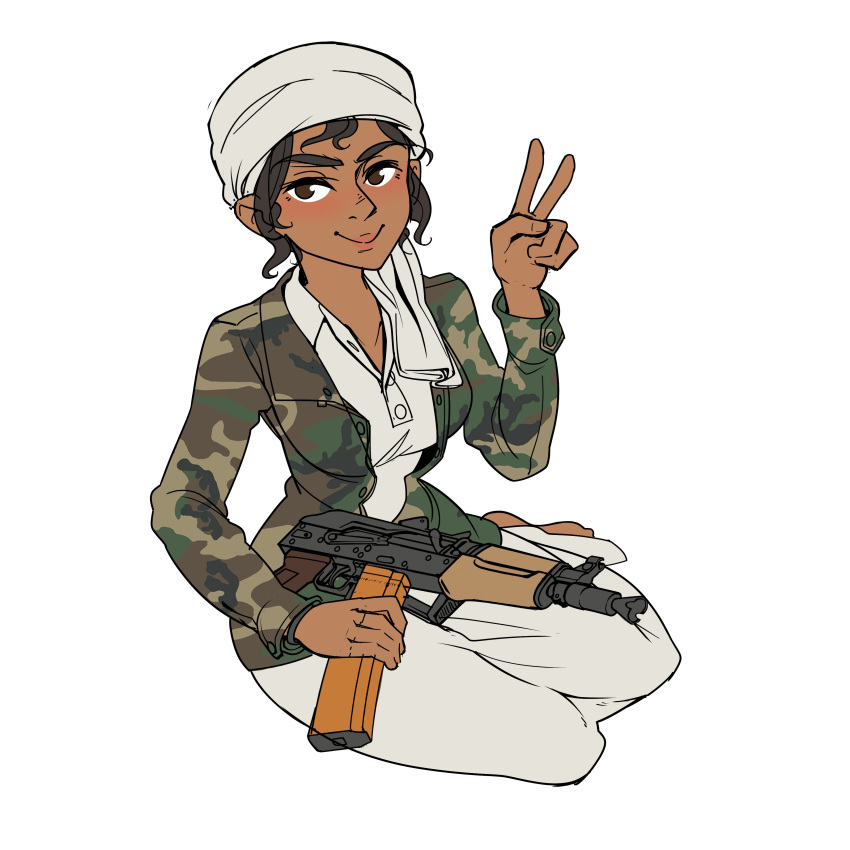 1girl, absurdres, aks-74u, assault_rifle, black_hair, brown_eyes, camouflage, camouflage_jacket