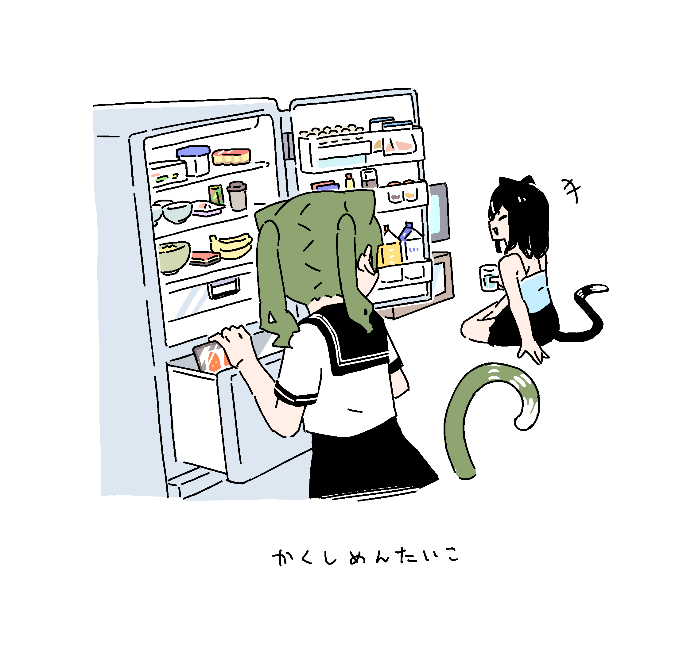 2girls, animal_ears, banana, black_hair, black_skirt, blue_tank_top, cat_ears, cat_girl