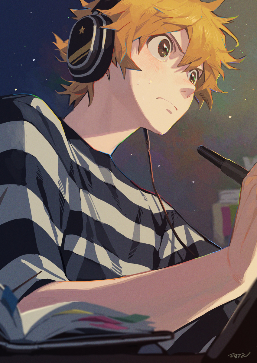1boy, absurdres, akaneko_(redakanekocat), asaya_kanata, black_shirt, blonde_hair, brown_eyes, closed_mouth, frown, headphones, highres, holding, holding_stylus, indoors, looking_ahead, serious, shirt, signature, solo, striped_clothes, striped_shirt, stylus, suufunkan_no_yell_wo, white_shirt