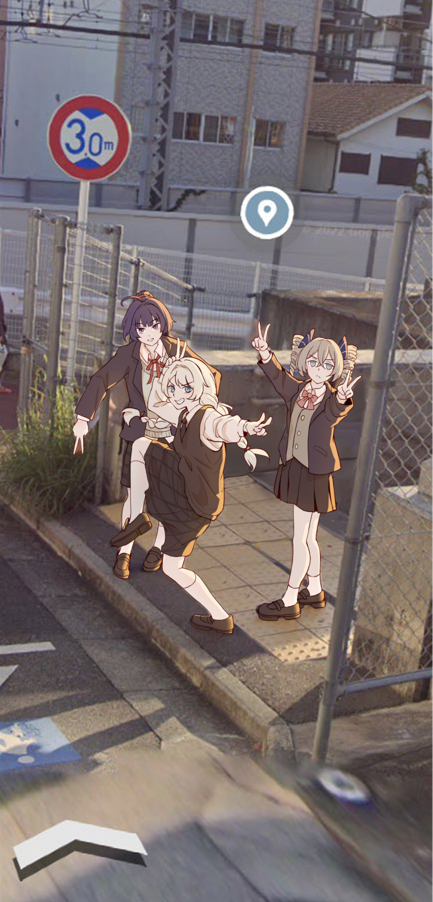 3girls, :d, absurdres, ahoge, black_bow, black_jacket, black_necktie, black_skirt, black_vest, blue_eyes, bow, bowtie, bronya_zaychik, closed_mouth, collared_shirt, double_v, full_body, grey_eyes, grey_hair, grey_vest, grin, hair_bow, high_school_girls_posing_for_google_street_view_(meme), highres, honkai_(series), honkai_impact_3rd, huahong_(user_asrp7337), jacket, kiana_kaslana, long_sleeves, meme, multiple_girls, necktie, outdoors, purple_hair, raiden_mei, red_bow, red_bowtie, school_uniform, shirt, skirt, smile, socks, standing, standing_on_one_leg, teeth, twintails, v, vest, violet_eyes, white_hair, white_shirt, white_socks