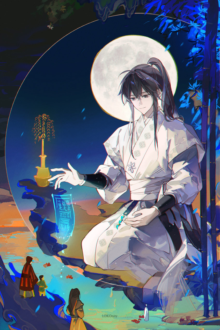 4boys, absurdres, ahoge, bamboo, black_hair, chromatic_aberration, closed_mouth, falling_leaves
