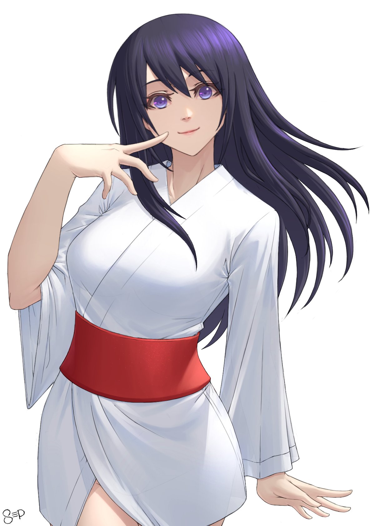 1girl, breasts, cowboy_shot, hand_up, highres, japanese_clothes, kimono, long_hair