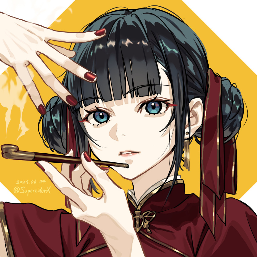 1girl, absurdres, akiwashi, black_hair, blue_eyes, blunt_bangs, china_dress, chinese_clothes