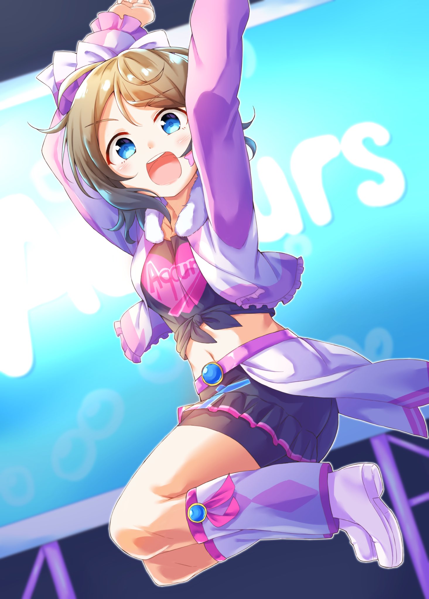 1girl, bike_shorts, blue_eyes, boots, bow, hair_ornament, highres, looking_at_viewer