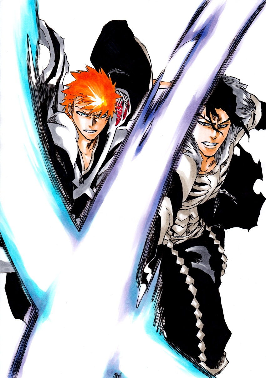 2boys, absurdres, alternate_eye_color, black_hair, black_kimono, black_pants, bleach, blue_eyes