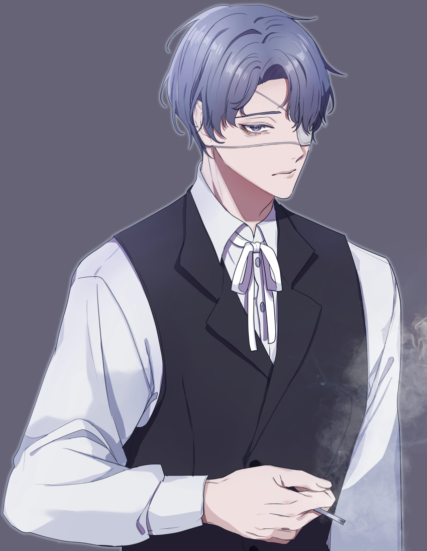 1boy, absurdres, black_vest, blue_eyes, blue_hair, bookbookcat09, cigarette, closed_mouth, commentary, daan_(fear_&amp;_hunger), dress_shirt, eyepatch, fear_&amp;_hunger, fear_&amp;_hunger_2:_termina, grey_background, hair_over_one_eye, highres, holding, holding_cigarette, long_sleeves, looking_at_viewer, medical_eyepatch, neck_ribbon, ribbon, shirt, short_hair, simple_background, smoking, solo, upper_body, vest, white_ribbon, white_shirt
