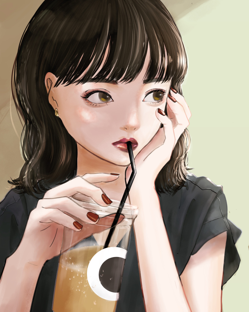 1girl, absurdres, black_hair, black_shirt, brown_eyes, cup, disposable_cup, drinking, drinking_straw, hal_vipeeer, head_rest, highres, lipstick, long_hair, looking_to_the_side, makeup, original, red_nails, shirt, solo, upper_body, zansho