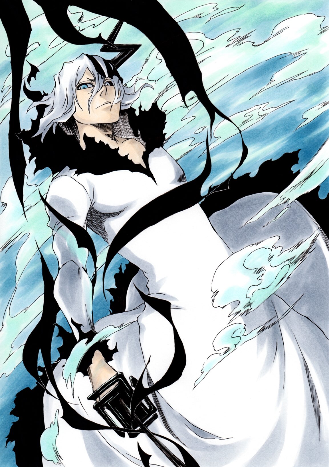1boy, black_sclera, bleach, blue_background, blue_eyes, closed_mouth, colored_sclera, dutch_angle