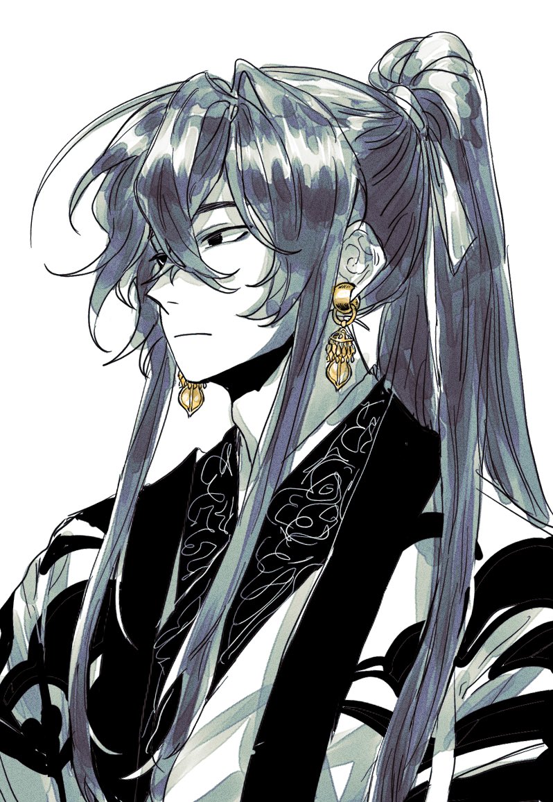 1boy, black_eyes, black_hair, closed_mouth, earrings, expressionless, falling_shark, gold_earrings