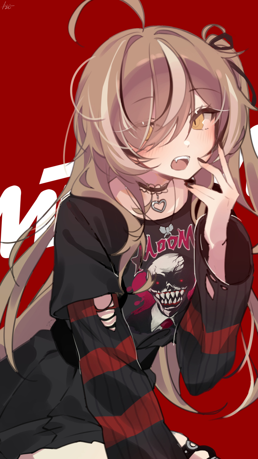 1girl, absurdres, ahoge, black_choker, black_nails, black_ribbon, black_skirt, black_sweater