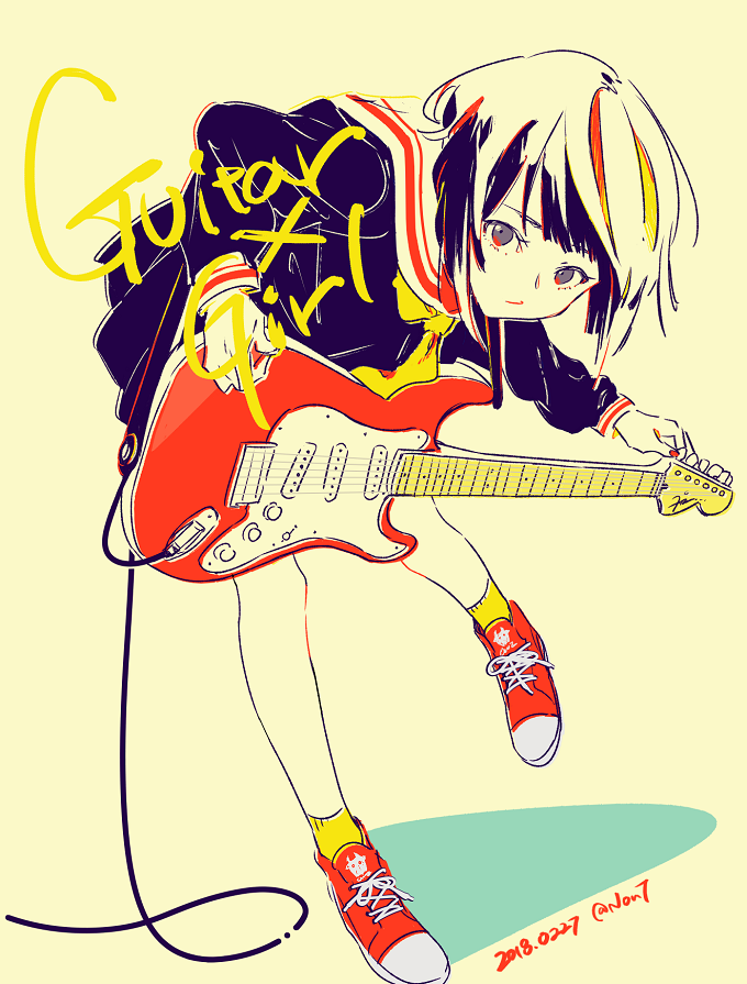 1girl, cable, electric_guitar, english_text, fender_stratocaster, guitar, guitar_strap, instrument