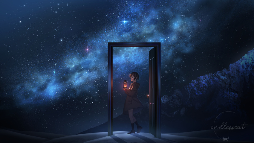 1girl, artist_name, black_footwear, black_socks, brown_hair, brown_jacket, door, endlesscat