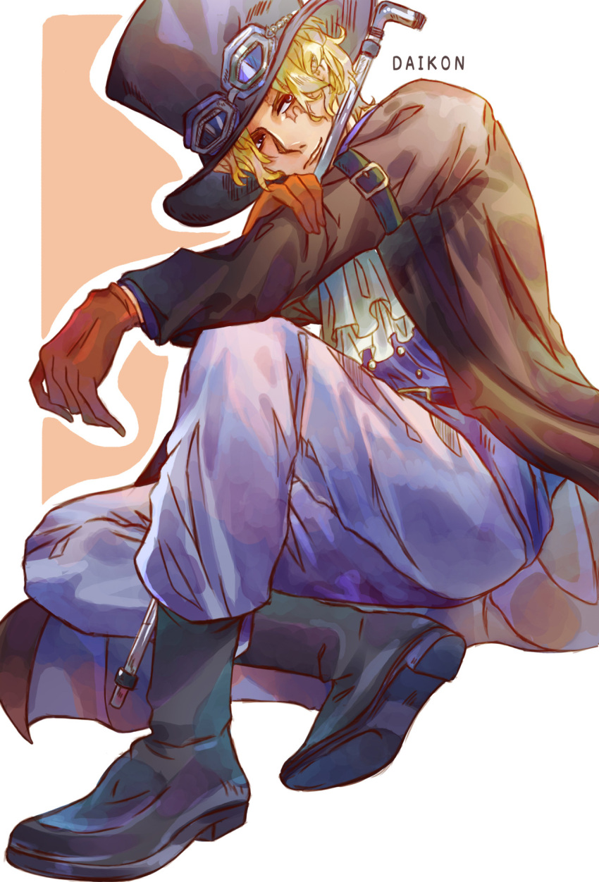 1boy, artist_name, ascot, black_eyes, blonde_hair, blue_hat, blue_pants, brown_gloves