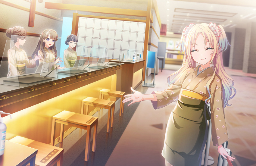 4girls, :d, ^_^, apron, black_apron, blonde_hair, blue_hair, blurry