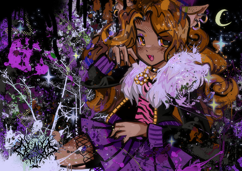 1girl, 2000s_(style), abstract_background, animal_ears, animal_print, animification, bead_necklace, beads