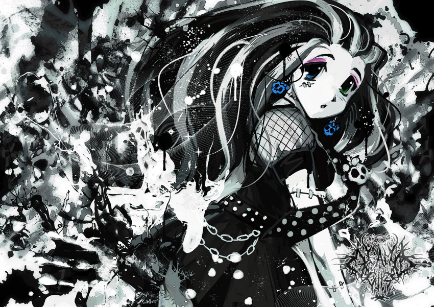 1girl, 2000s_(style), abstract_background, animification, black_hair, blue_eyes, chain, earrings