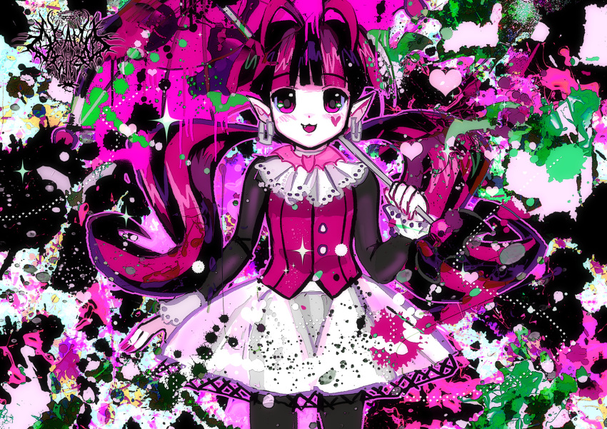 1girl, 2000s_(style), animification, black_hair, blush, draculaura, fang, gleamyguts