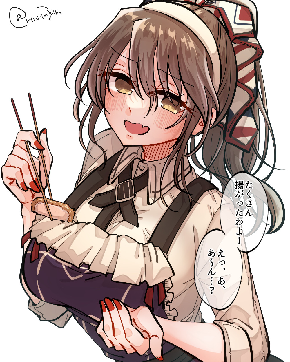 1girl, apron, ashigara_(kancolle), ashigara_kai_ni_(ichibankuji)_(kancolle), ashigara_kai_ni_(kancolle), black_ribbon, brown_eyes, brown_hair, collared_shirt, dress_shirt, fang, frilled_apron, frills, hair_ribbon, hairband, highres, kantai_collection, long_hair, matsunaga_(haku), neck_ribbon, official_alternate_costume, purple_apron, ribbon, shirt, simple_background, skin_fang, smile, solo, twitter_username, upper_body, white_background, white_hairband, white_shirt