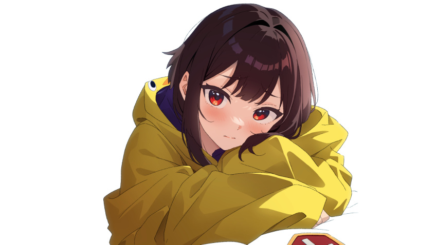 1girl, animal_hood, bed_sheet, bird_hood, blush, brown_hair, close-up, closed_mouth