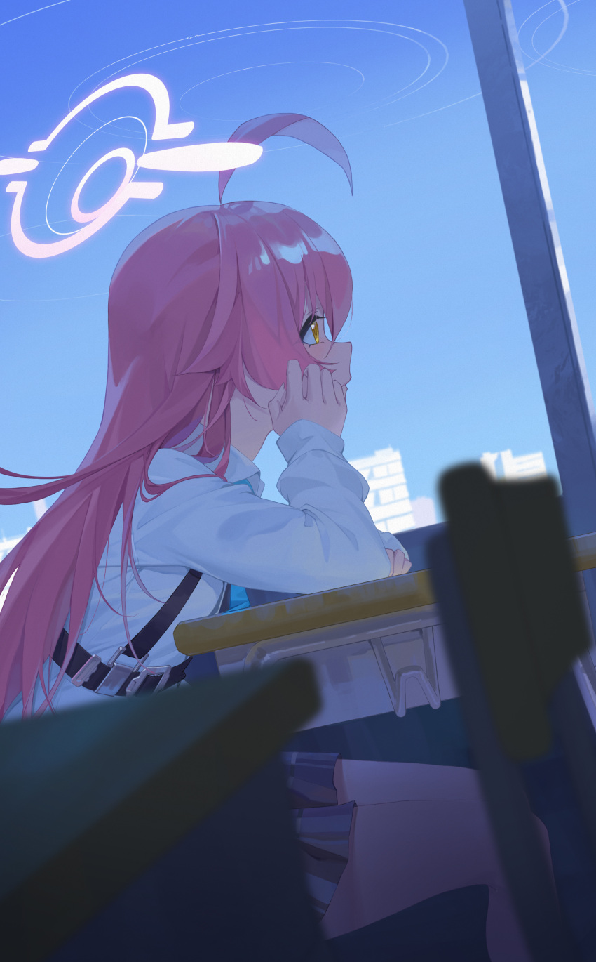 1girl, absurdres, ahoge, blue_archive, blue_sky, blurry, blurry_foreground, chair
