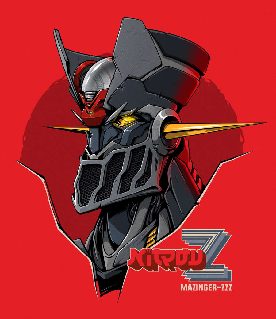 english_commentary, glowing, glowing_eye, logo_parody, looking_ahead, mazinger_(series), mazinger_z, mazinger_z_(mecha)